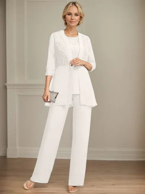 Pantsuit Separates Scoop Floor-Length Chiffon Lace Mother of the Bride Dress With Sequins