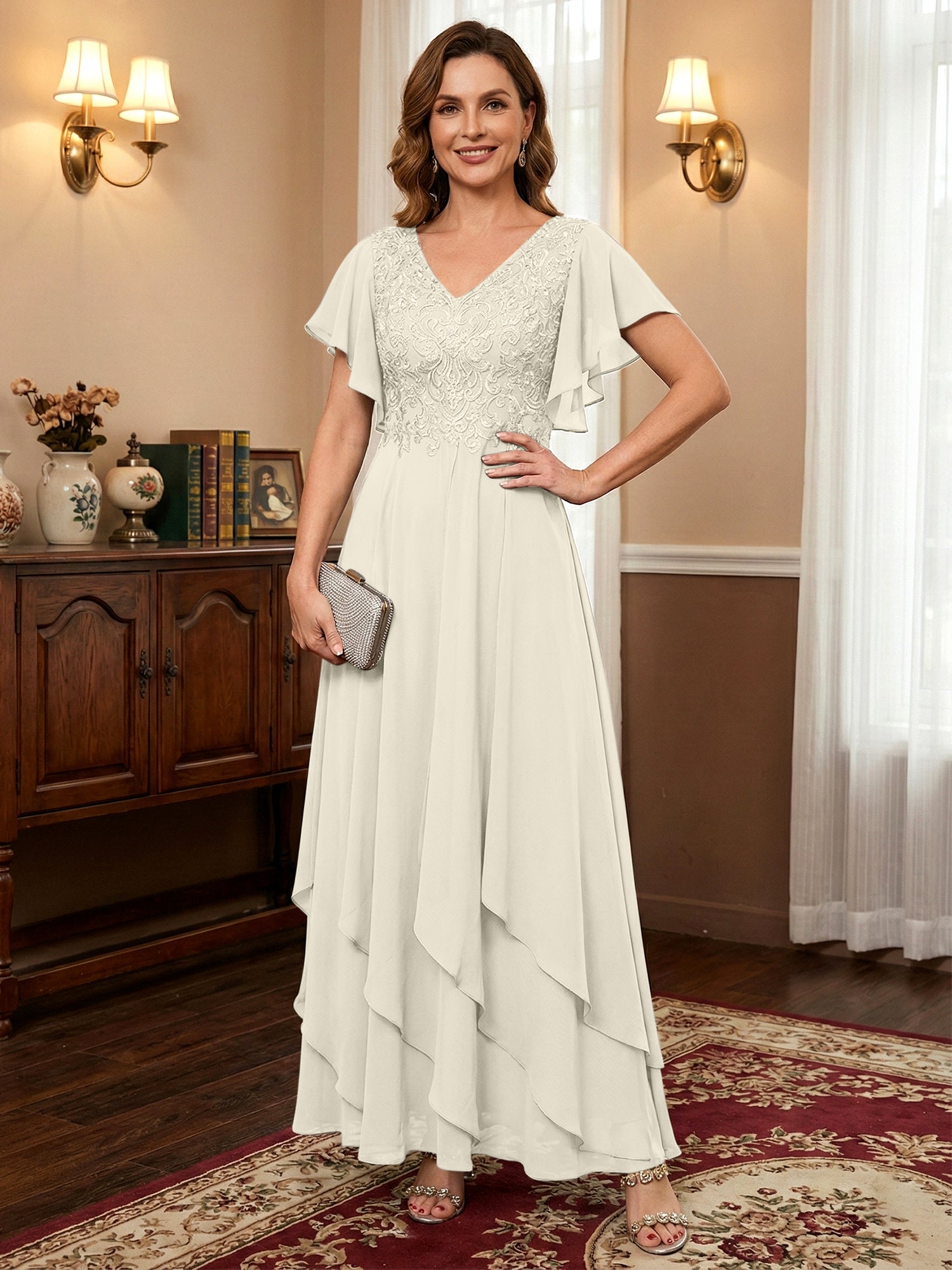 A-line V-Neck Ankle-Length Lace Chiffon Mother of the Bride Dress With Cascading Ruffles
