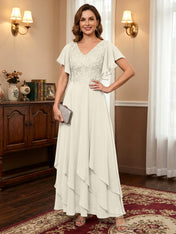 A-line V-Neck Ankle-Length Lace Chiffon Mother of the Bride Dress With Cascading Ruffles