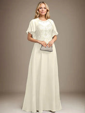A-line Scoop Illusion Floor-Length Lace Chiffon Mother of the Bride Dress With Sequins