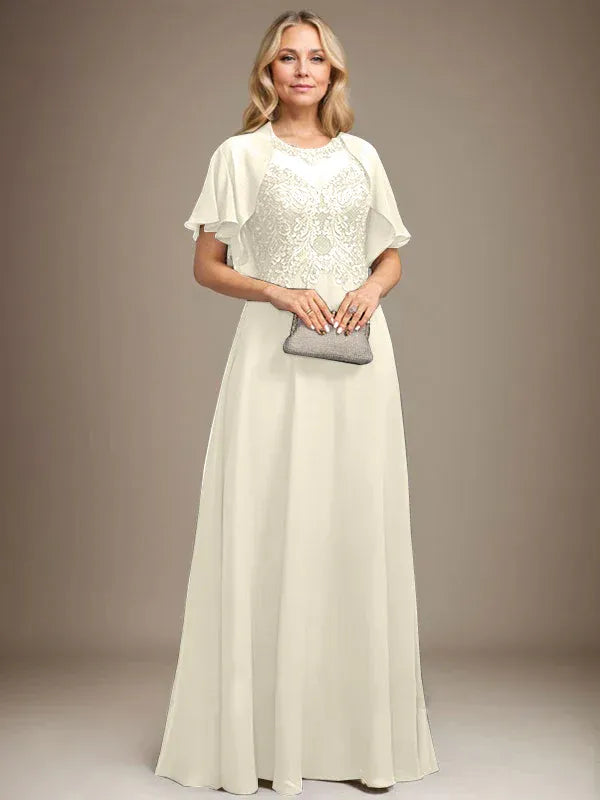 A-line Scoop Illusion Floor-Length Lace Chiffon Mother of the Bride Dress With Sequins