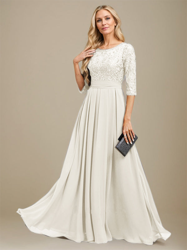 A-Line Scoop Floor-Length Lace Chiffon Mother Of the Bride Dress With Sequins Applique