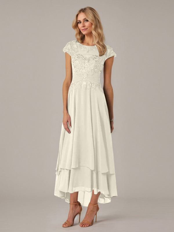 A-line Boat Neck Illusion Asymmetrical Chiffon Lace Mother of the Bride Dress With Applique Pleats