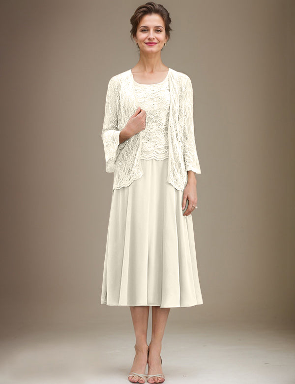 A-line Scoop Tea-Length Lace Chiffon Mother of the Bride Dress With Sequins