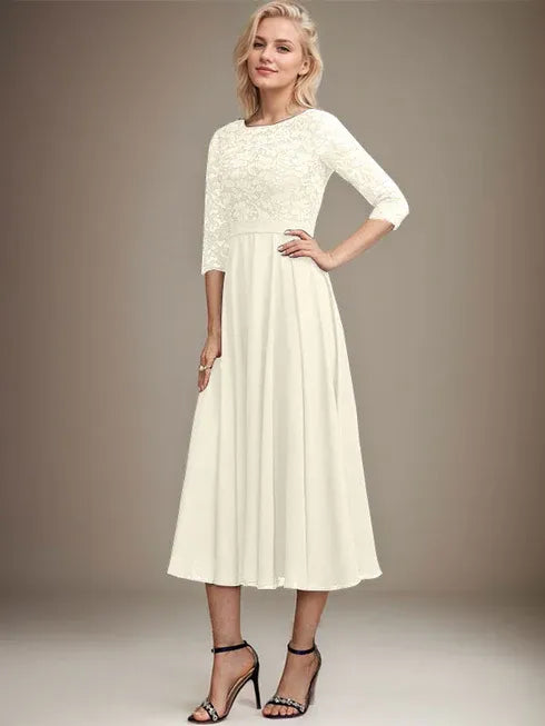 A-line Scoop Tea-Length Lace Chiffon Mother of the Bride Dress With Sequins