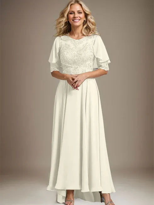 A-line Scoop Illusion Asymmetrical Chiffon Lace Mother of the Bride Dress With Beading