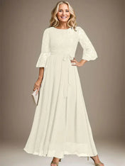 A-line Scoop Ankle-Length Lace Chiffon Mother of the Bride Dress With Bow