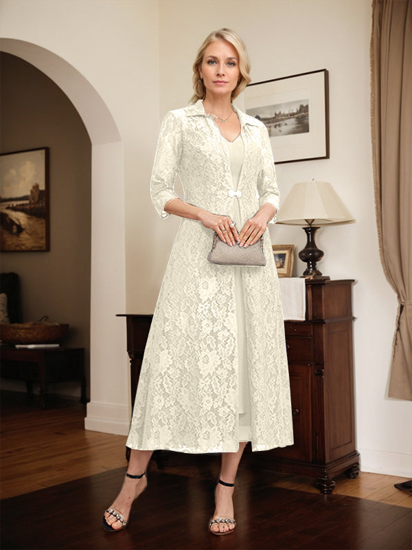 A-line V-Neck Tea-Length Chiffon Mother of the Bride Dress