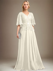 A-line V-Neck Floor-Length Chiffon Lace Mother of the Bride Dress With Crystal Brooch Rhinestone
