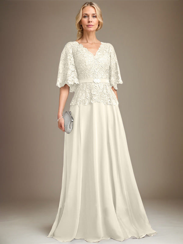 A-line V-Neck Floor-Length Chiffon Lace Mother of the Bride Dress With Crystal Brooch Rhinestone