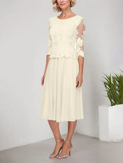 A-line Scoop Tea-Length Lace Chiffon Mother of the Bride Dress With Embroidery