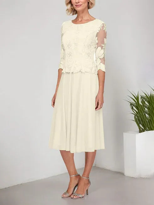 A-line Scoop Tea-Length Lace Chiffon Mother of the Bride Dress With Embroidery