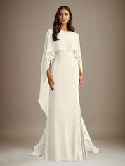 Robe de mère de la mariée en mousseline, coupe fourreau/colonne, col bateau, longueur ras du sol, avec volants en cascade 