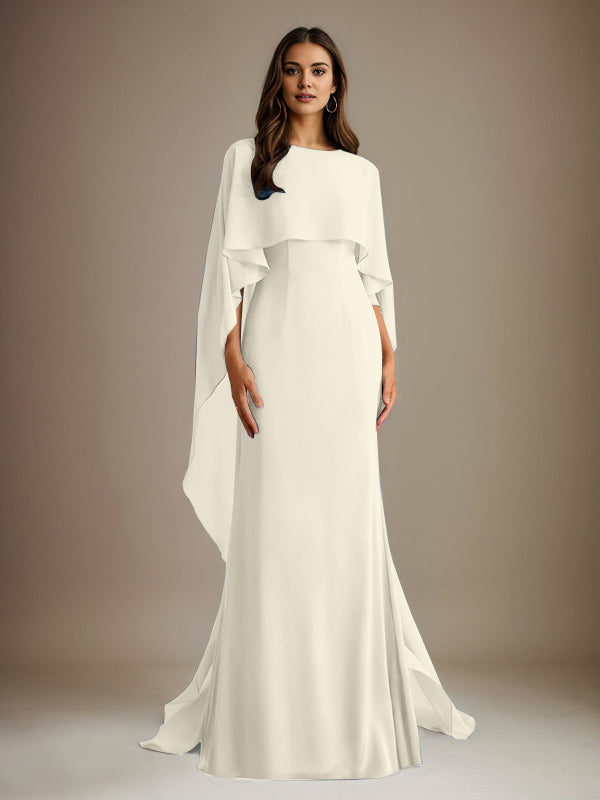 Robe de mère de la mariée en mousseline, coupe fourreau/colonne, col bateau, longueur ras du sol, avec volants en cascade 