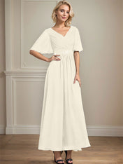 A-line V-Neck Ankle-Length Chiffon Mother of the Bride Dress With Pleated Beading Sequins