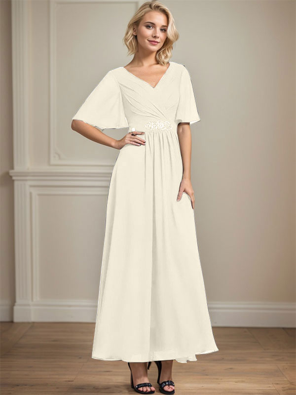 A-line V-Neck Ankle-Length Chiffon Mother of the Bride Dress With Pleated Beading Sequins