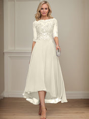 A-line Boat Neck Illusion Asymmetrical Chiffon Lace Mother of the Bride Dress With Sequins Beading