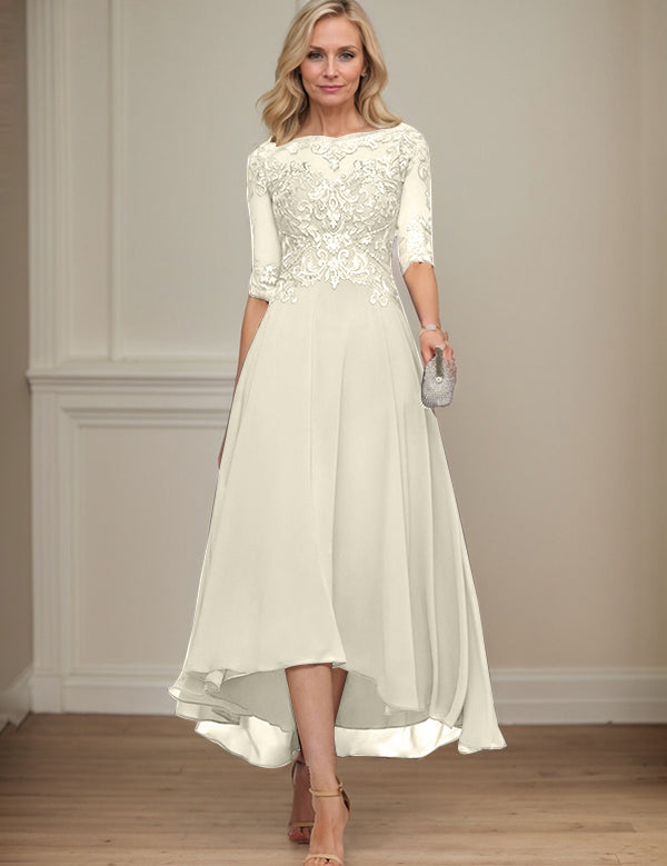 A-line Boat Neck Illusion Asymmetrical Chiffon Lace Mother of the Bride Dress With Sequins Beading