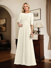 A-line Scoop Illusion Floor-Length Chiffon Lace Mother of the Bride Dress With Pleated Sequins
