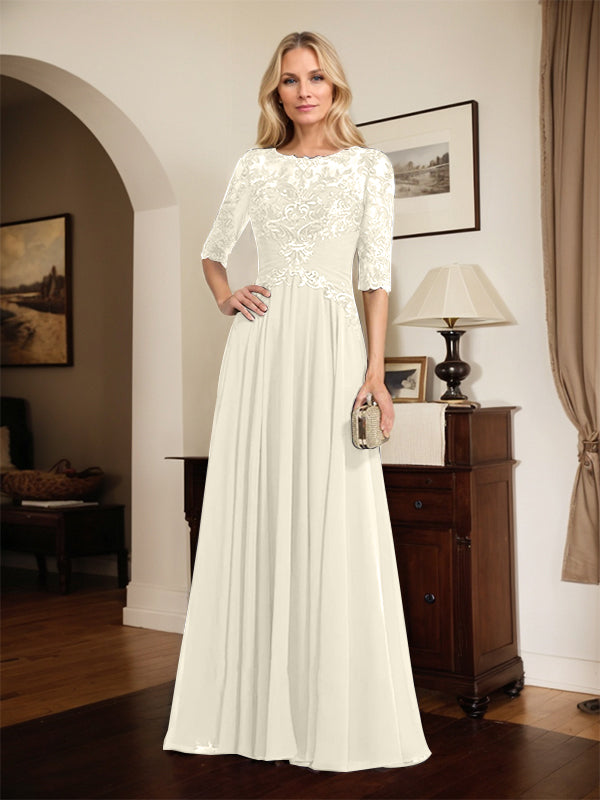 A-line Scoop Illusion Floor-Length Chiffon Lace Mother of the Bride Dress With Pleated Sequins