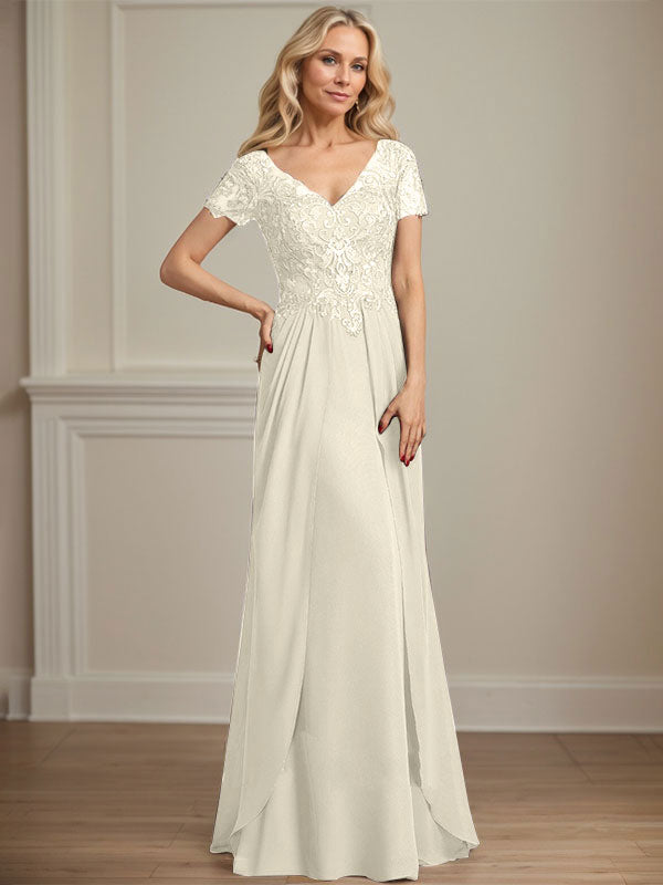 A-line V-Neck Floor-Length Chiffon Lace Mother of the Bride Dress