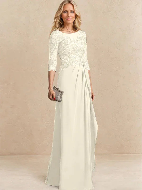 Robe de mère de la mariée trapèze en mousseline de soie et dentelle, longueur au sol, avec perles, paillettes et volants en cascade 