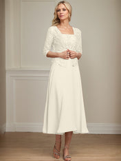 A-line Square Tea-Length Chiffon Lace Mother of the Bride Dress With Sequins Beading