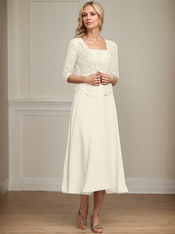 A-line Square Tea-Length Chiffon Lace Mother of the Bride Dress With Sequins Beading