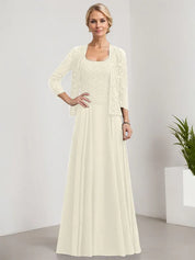 Robe de mère de la mariée trapèze carrée, longueur au sol, en mousseline de soie et dentelle, avec paillettes 