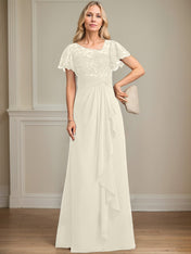 A-line Asymmetrical Illusion Floor-Length Lace Chiffon Mother of the Bride Dress With Cascading Ruffles Sequins