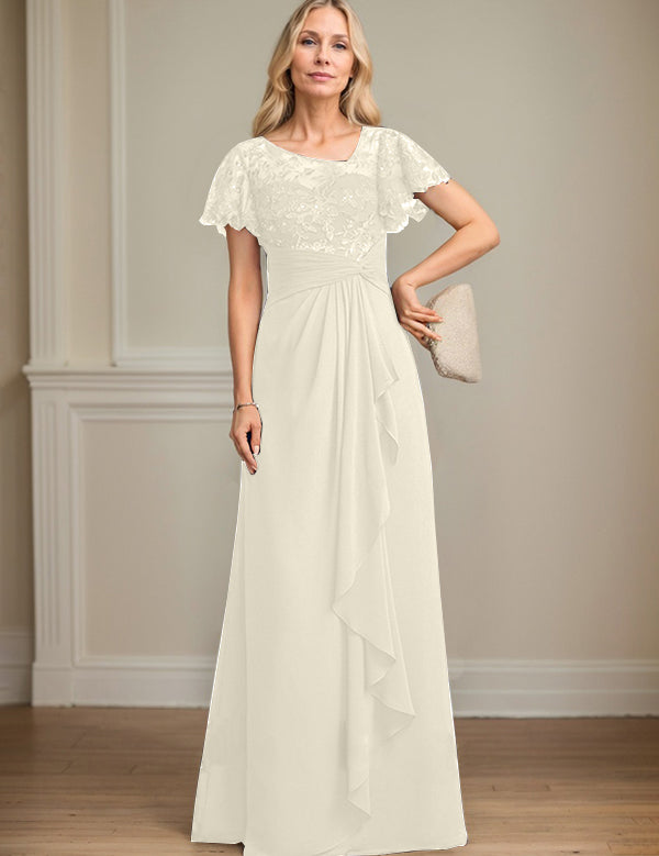 A-line Asymmetrical Illusion Floor-Length Lace Chiffon Mother of the Bride Dress With Cascading Ruffles Sequins