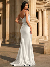 Sky Blue Satin Corset Long Prom Dress with Draped Neckline