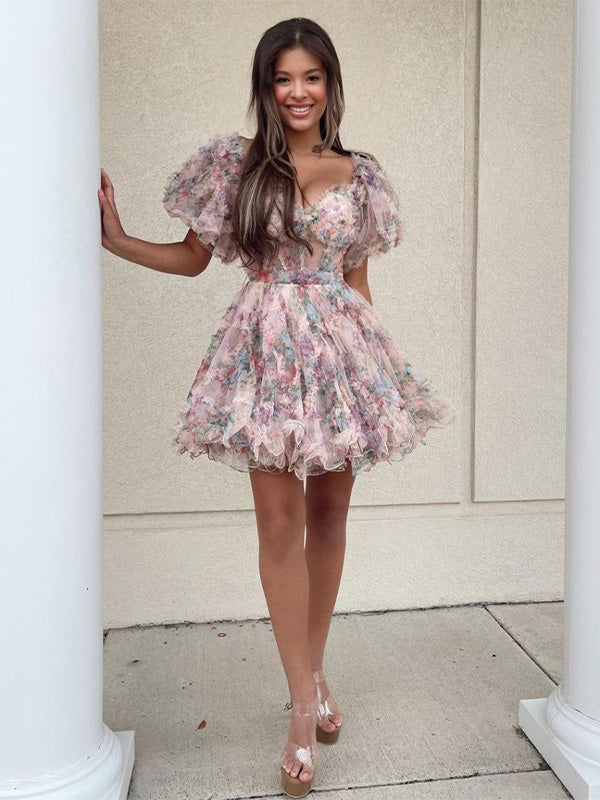 Ivory A-Line Off The Shoulder Short Tulle Print Homecoming Dress