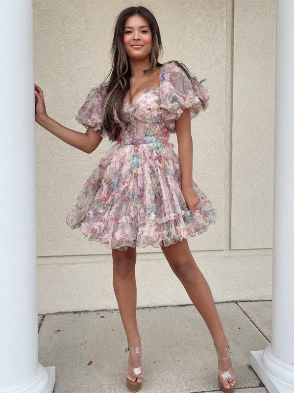 Ivory A-Line Off The Shoulder Short Tulle Print Homecoming Dress