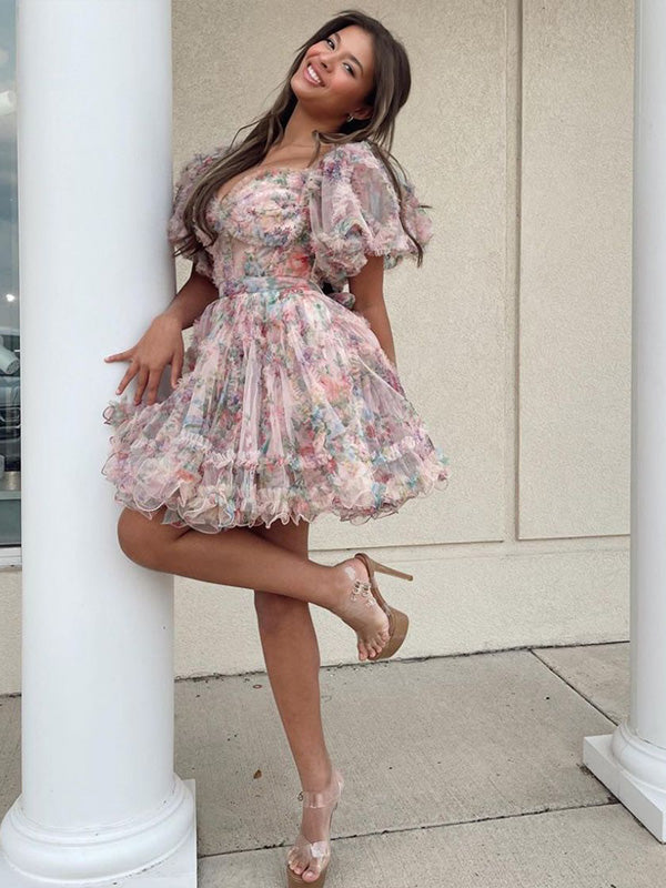 Ivory A-Line Off The Shoulder Short Tulle Print Homecoming Dress