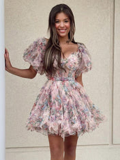 Ivory A-Line Off The Shoulder Short Tulle Print Homecoming Dress