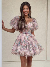 Ivory A-Line Off The Shoulder Short Tulle Print Homecoming Dress