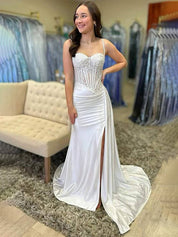 Green Mermaid Spaghetti Straps Bodice Long Prom Dress with Beads