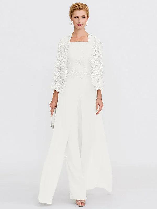Ensemble 3 pièces en mousseline de soie avec col carré et veste pour mère de la mariée 