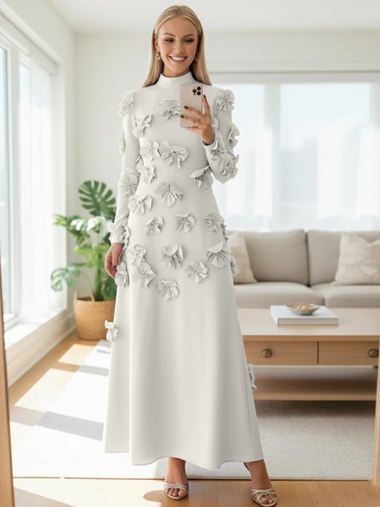 A Line High Neck Long Sleeves Floor Length Stretch Crepe Dress With 3D Flowers