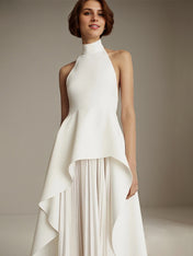White Sleeveless High Neck Chiffon Long Formal Dress With Ruffles