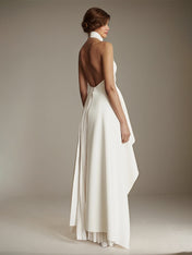 White Sleeveless High Neck Chiffon Long Formal Dress With Ruffles