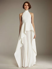 White Sleeveless High Neck Chiffon Long Formal Dress With Ruffles