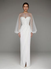 White Chiffon Sweetheart Neckline  Asymmetrical Length Formal Party Dress with Lace Sleeves