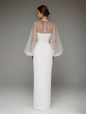 White Chiffon Sweetheart Neckline  Asymmetrical Length Formal Party Dress with Lace Sleeves