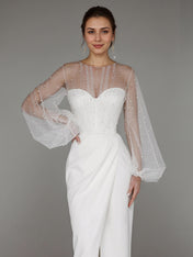 White Chiffon Sweetheart Neckline  Asymmetrical Length Formal Party Dress with Lace Sleeves