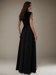 Black A-Line Scoop Sleeveless Pleated Long Formal Dress