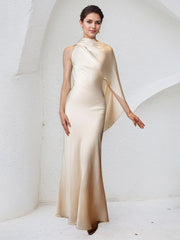 Champagne Satin Halter Neck Sleeveless Floor Length Mermaid Dress