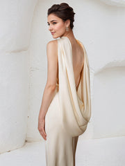 Champagne Satin Halter Neck Sleeveless Floor Length Mermaid Dress
