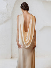 Champagne Satin Halter Neck Sleeveless Floor Length Mermaid Dress